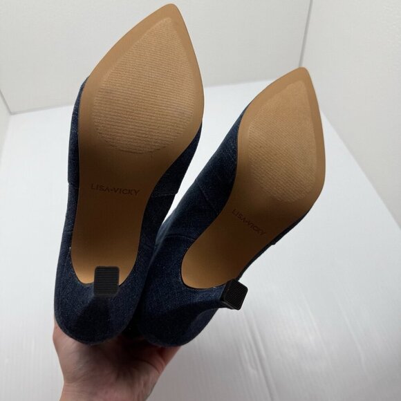 Lisa Vicky Denim Boots Size 7 Blue Arthaul-V Pointed Toe Mid Calf Heels Y2K NIB - Picture 9 of 13